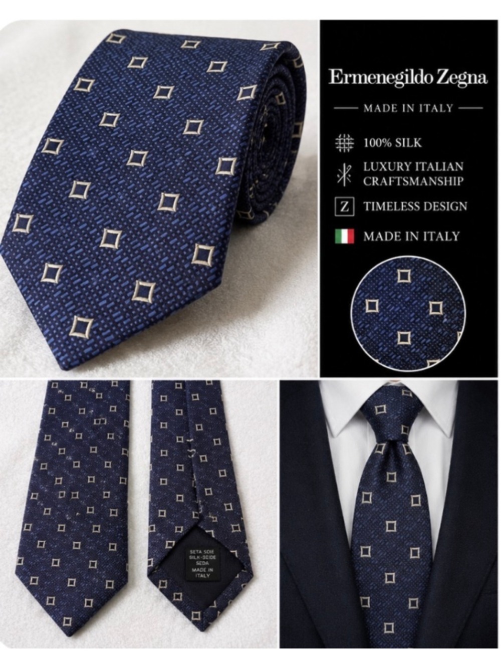Men's Ermenegildo Zegna Silk Tie Blue and Beige Geometric Pattern Lux New!